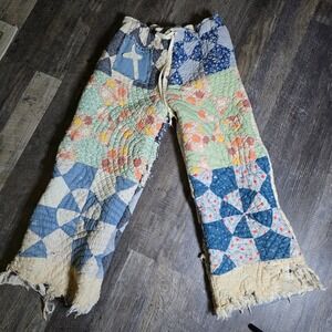 One of a kind vintage distressed quilt pants embroidered lace OS